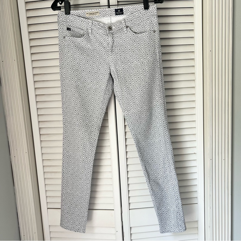 27🩶 AG Super Skinny Legging Ankle Jean Pants, Gray White Geometric Pattern